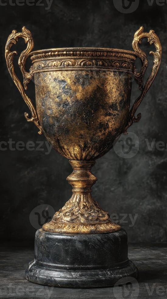 Intricate golden trophy displayed against a dark textured background highlighting craftsmanship and elegance photo