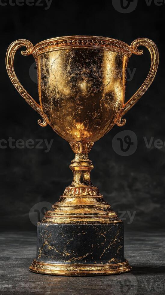 Golden trophy with intricate design displayed on a dark stone surface showcasing elegance and achievement during a prestigious award ceremony photo
