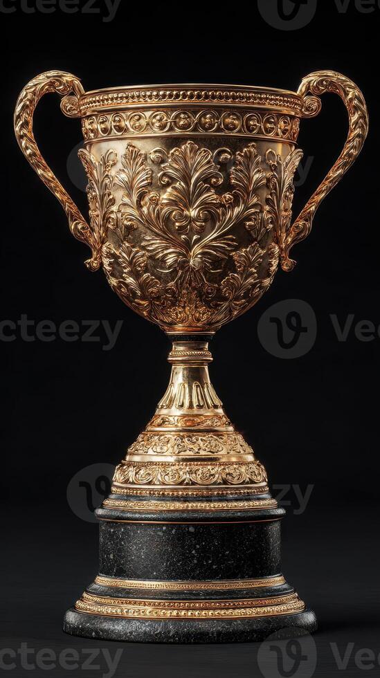 Exquisite golden trophy with intricate engravings displayed against a dark background photo
