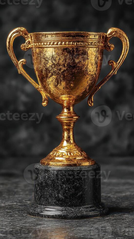 Golden trophy displayed on a dark marble base showcasing an award for excellence in a competition or event photo