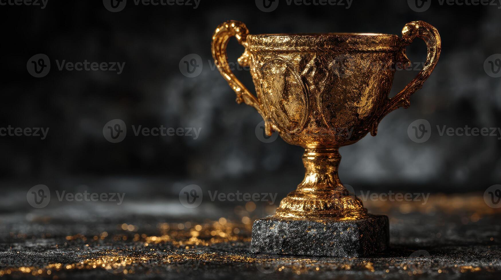 Shiny golden trophy on a dark surface surrounded by scattered gold dust and a blurred background photo