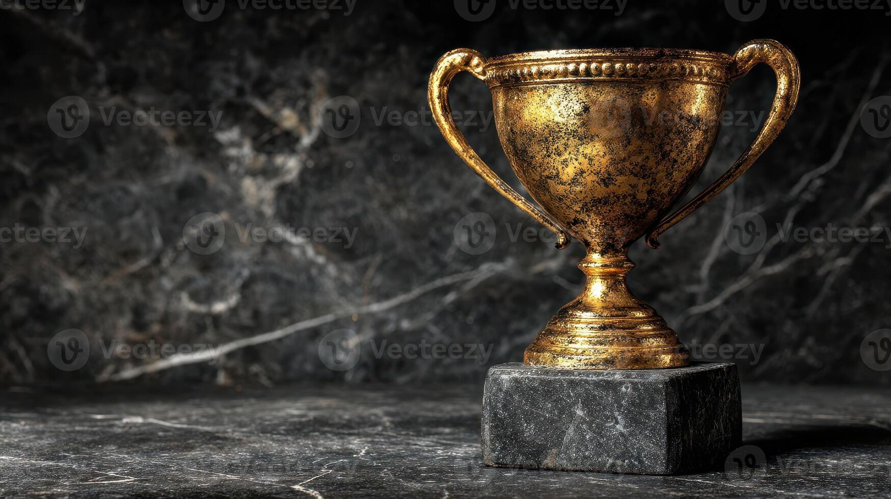 Golden trophy resting on black stone surface highlighting achievement and success in a dimly lit environment photo