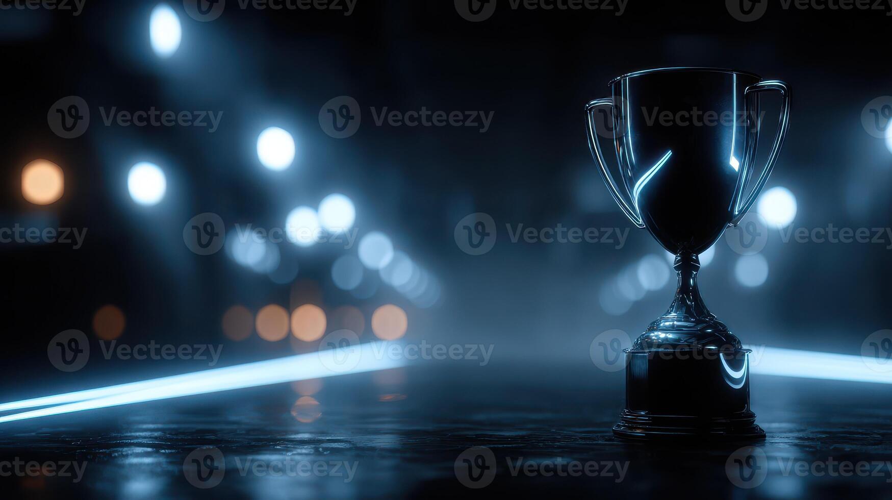 Shiny trophy placed on a dark pedestal with a blurred urban background illuminated by neon lights photo