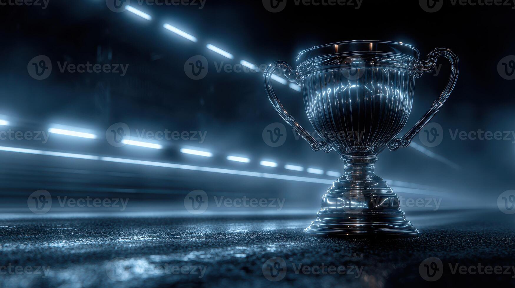Shimmering trophy on a dark background with bright streaks of light in an urban setting at night photo