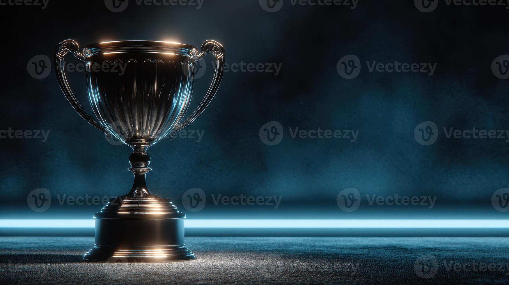 Shiny trophy positioned in a dimly lit room with blue lighting during an award ceremony photo
