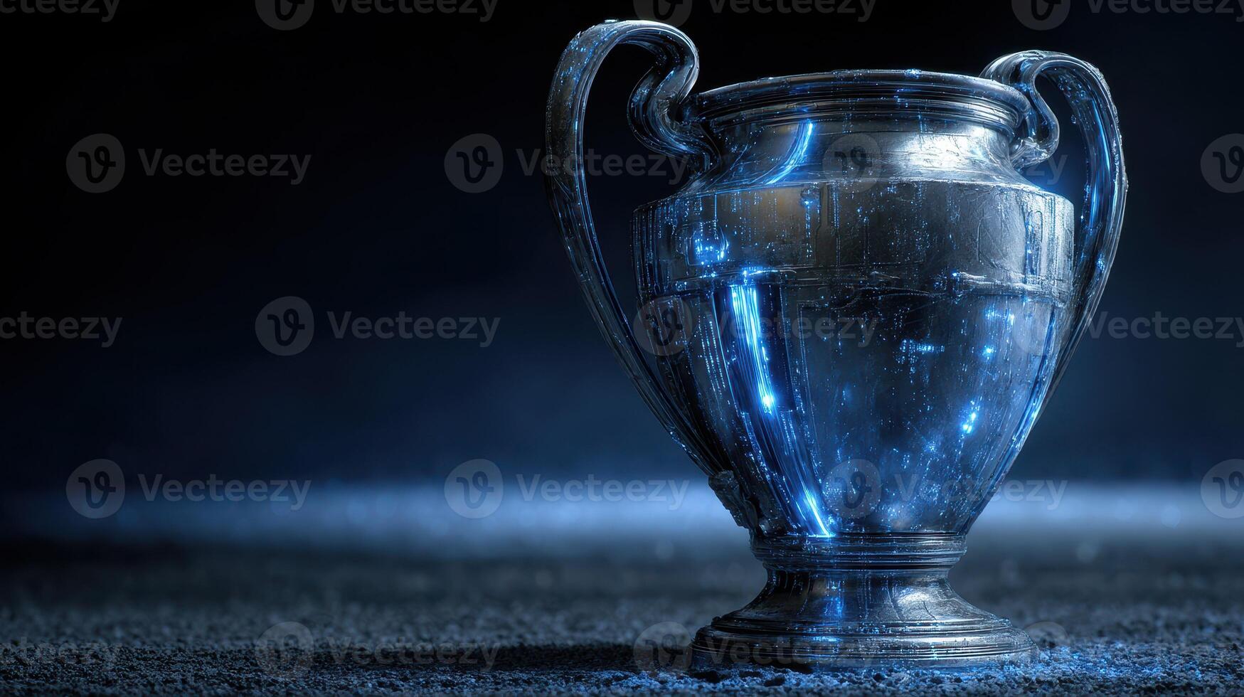 Shiny silver trophy with blue lights displayed on a dark surface in a dimly lit environment during an award ceremony photo