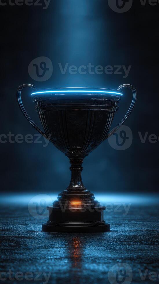 Illuminated trophy stands proudly on a dark surface, highlighting its intricate design and shiny contours during a dramatic presentation photo