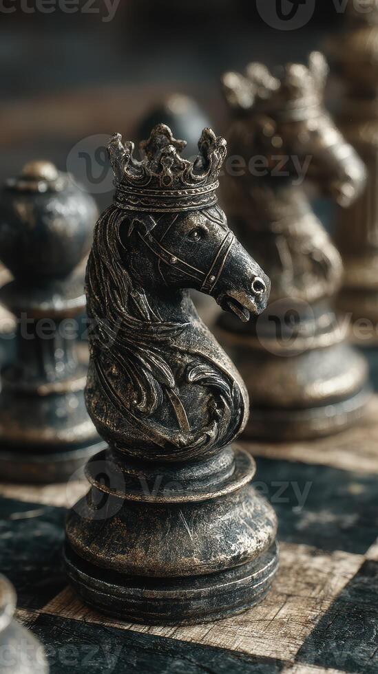 Chess pieces in dark colors with a focus on a knight adorned with a crown during a strategic game in a cozy setting photo