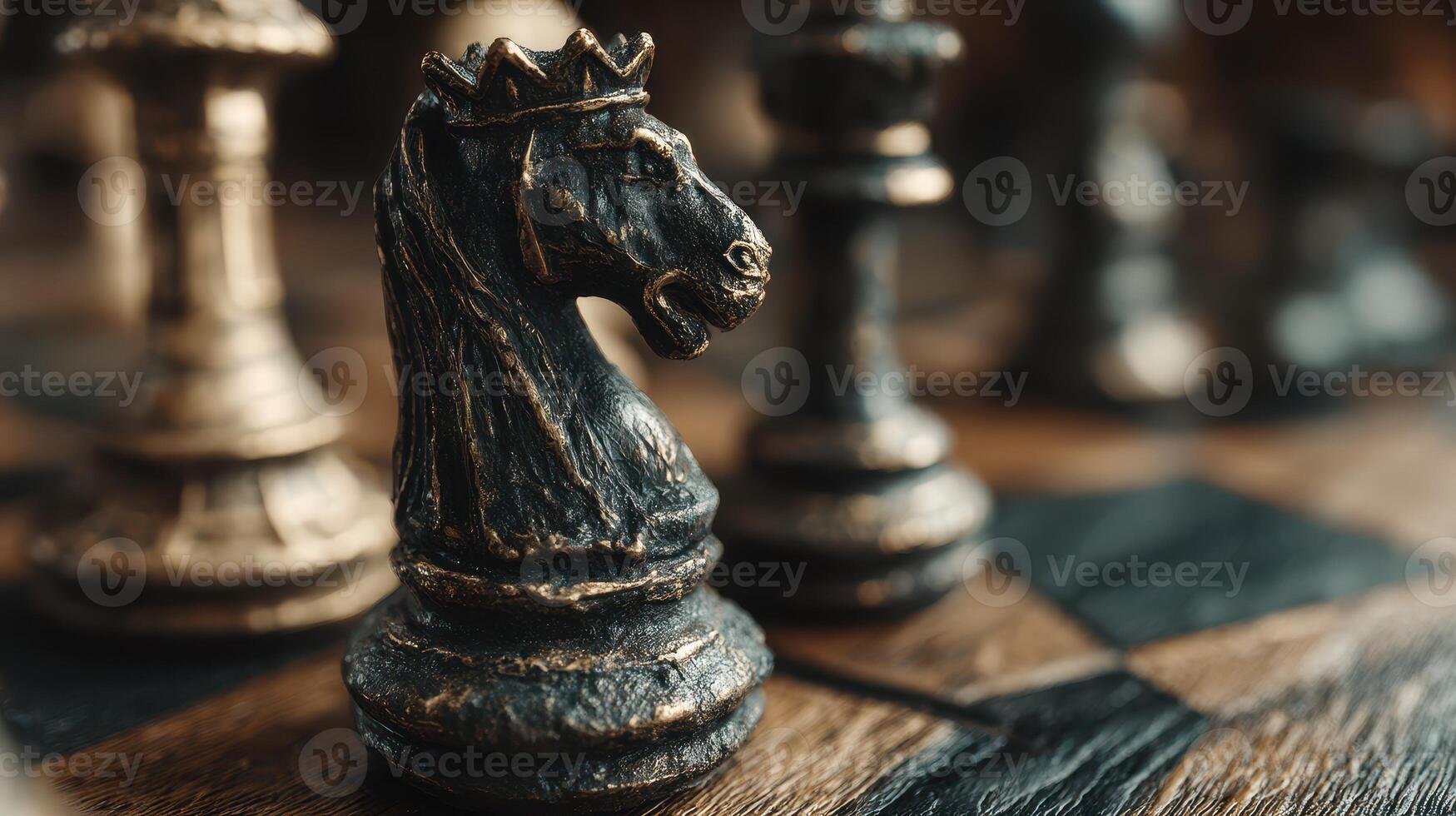 Chess pieces on a wooden board with a close-up of the knight showcasing intricate designs and textures photo