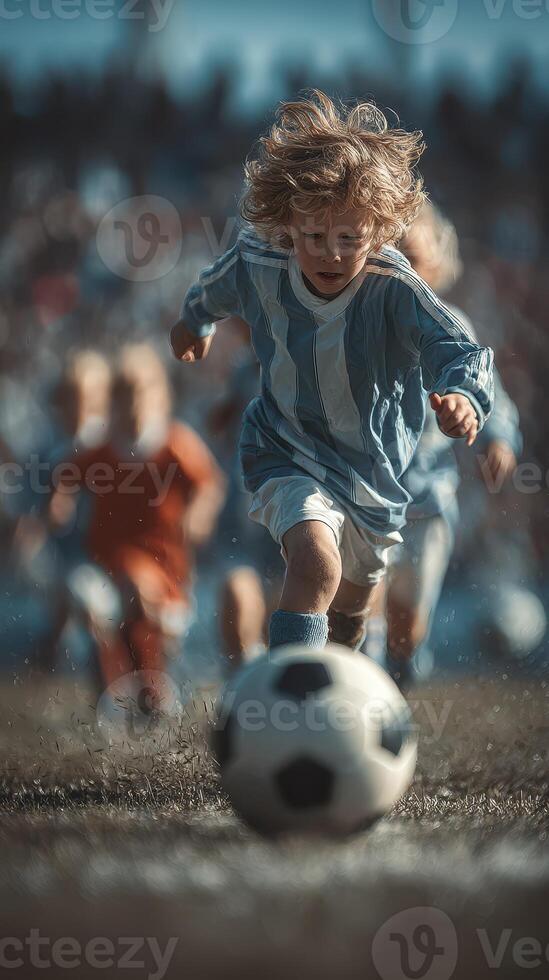 Young child dribbles soccer ball during a match on a sunny day in a local field filled with eager players photo