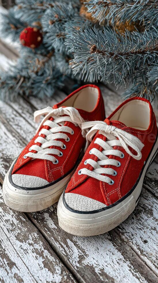 Bright red shoes placed on rustic wooden surface near an evergreen tree decorated for the holiday season photo