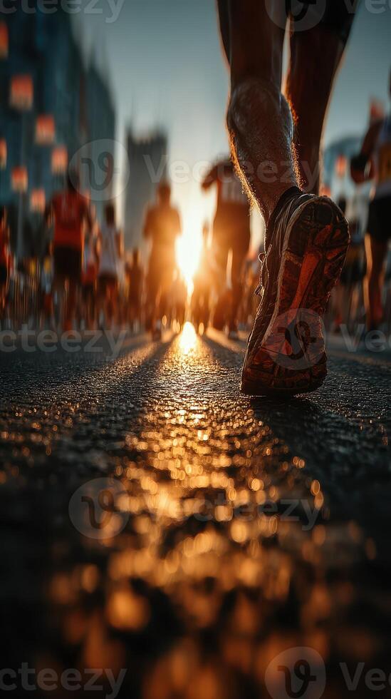 Runners sprinting towards the sunset during a city marathon on a vibrant autumn evening photo