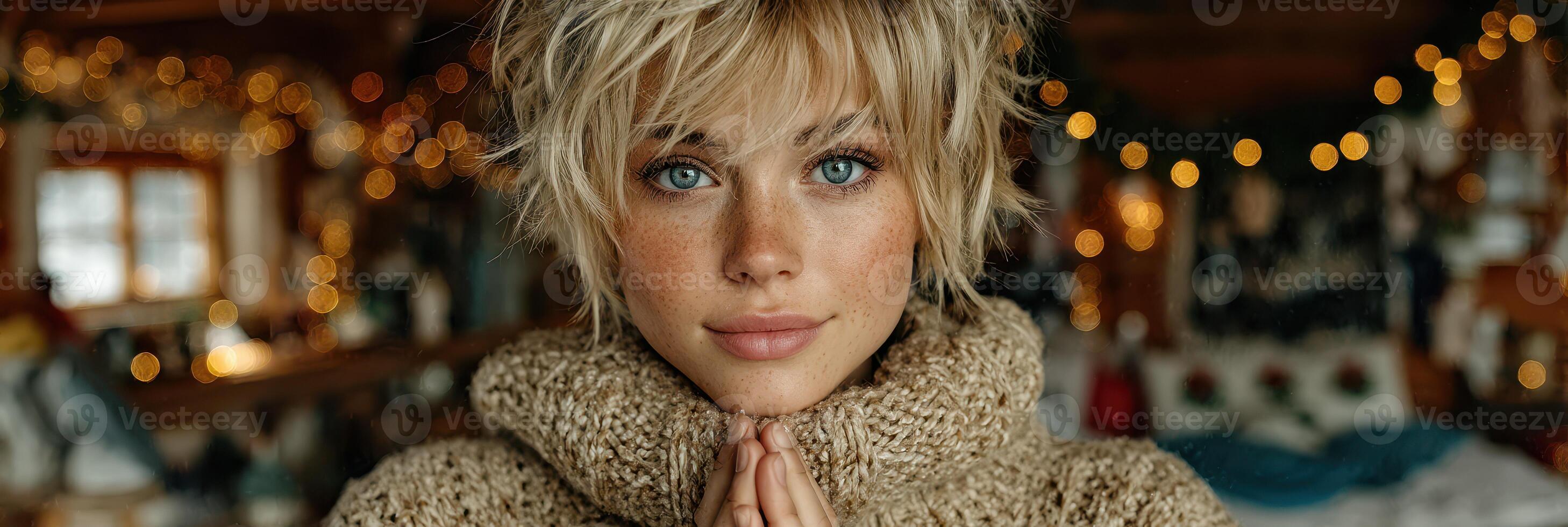 Young woman with short hair and sweater poses warmly indoors during winter season, cozy atmosphere with soft lighting photo
