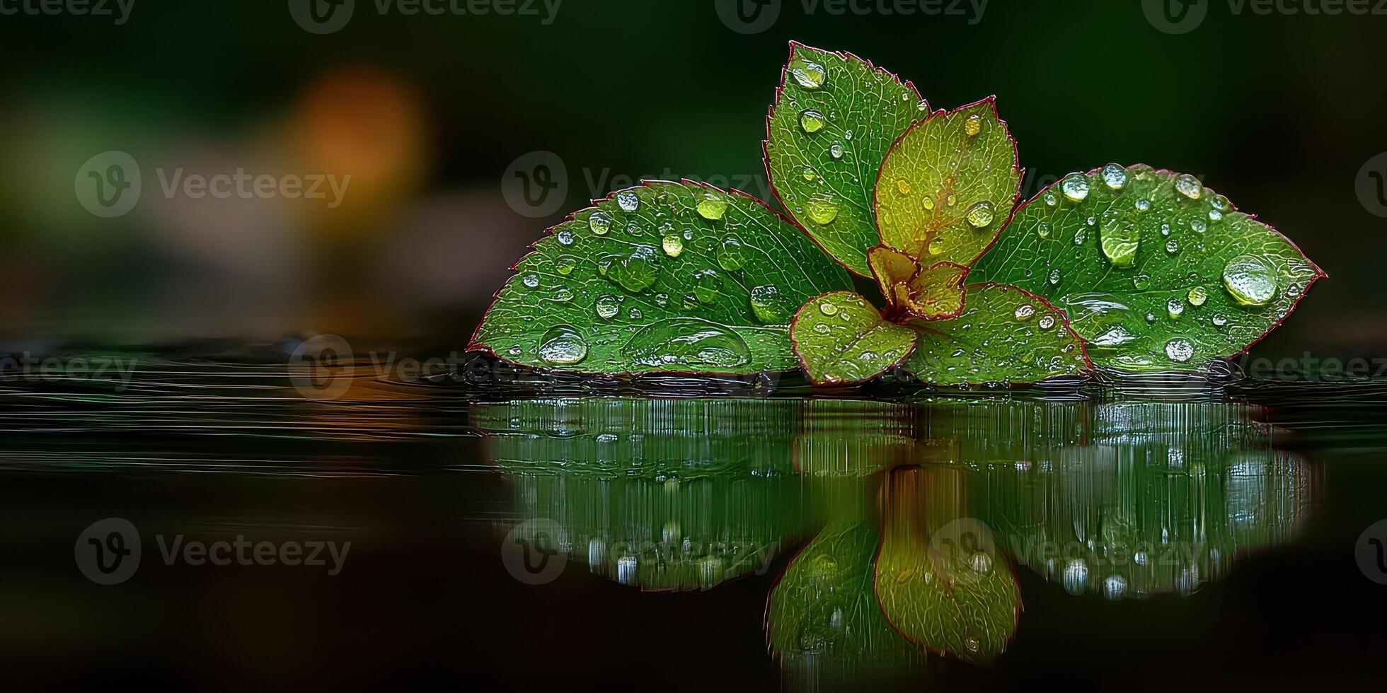 Lush green leaves with droplets reflecting on calm water surface in a serene environment photo