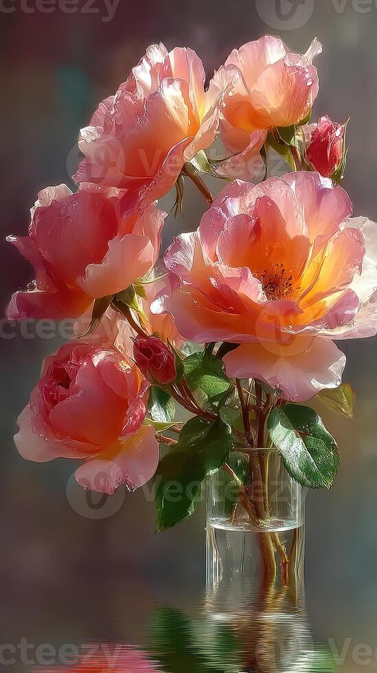 Vibrant pink roses in a glass vase with droplets reflecting light in a gentle ambiance photo