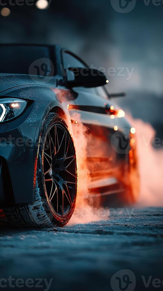 Smoke billows from a high-performance car tire during a nighttime street racing event in an urban setting photo