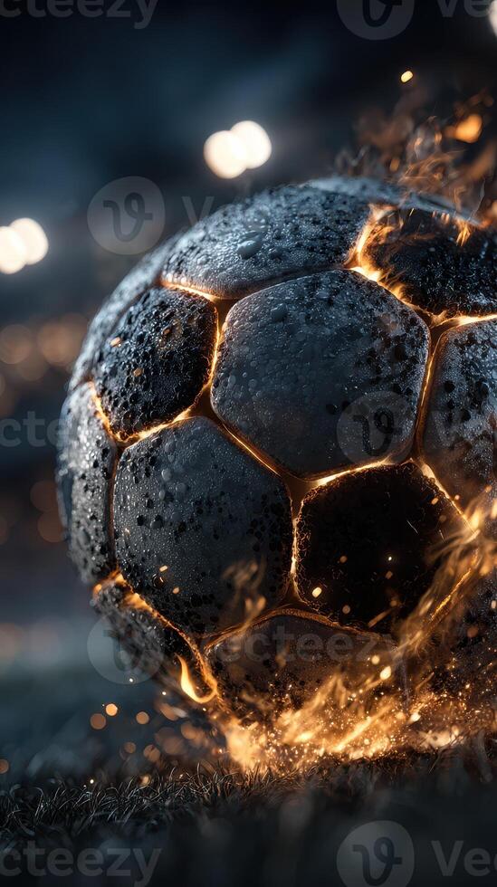 Soccer ball ignites with energy as it spins on a field at dusk during an intense match photo