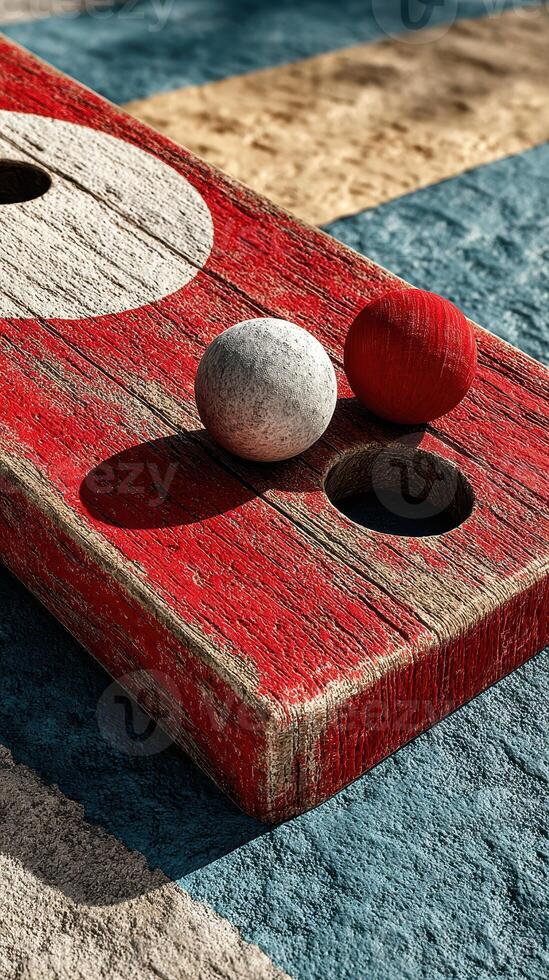 Wooden board game with colorful balls set on a sunlit surface in a relaxed outdoor setting photo