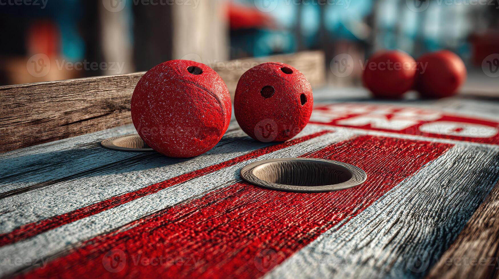 Colorful red balls positioned on a wooden playing surface with circular holes in an outdoor recreational area during daytime photo