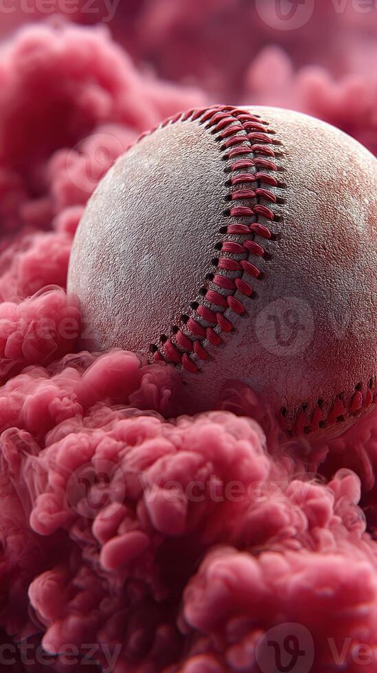 Baseball surrounded by vibrant pink smoke creating a dramatic visual effect indoors photo