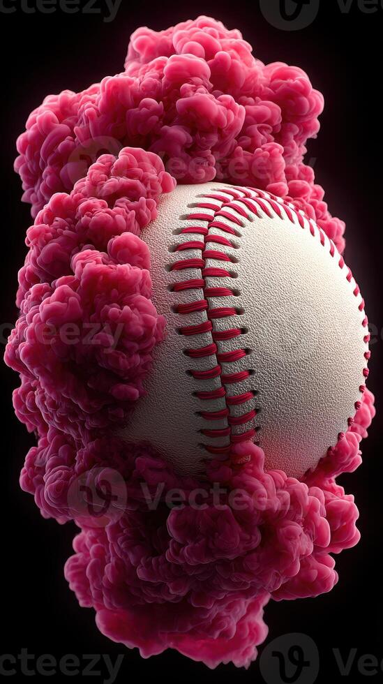 Vibrant pink cloud envelops a baseball, creating a striking visual display of color and texture in a surreal environment photo
