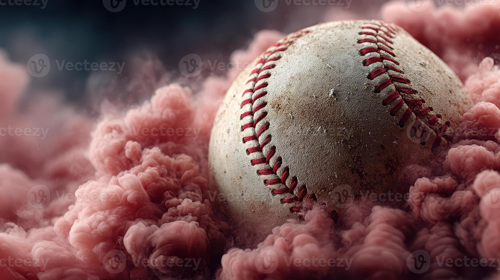 Baseball resting in a cloud of pink smoke during an intense sports moment photo