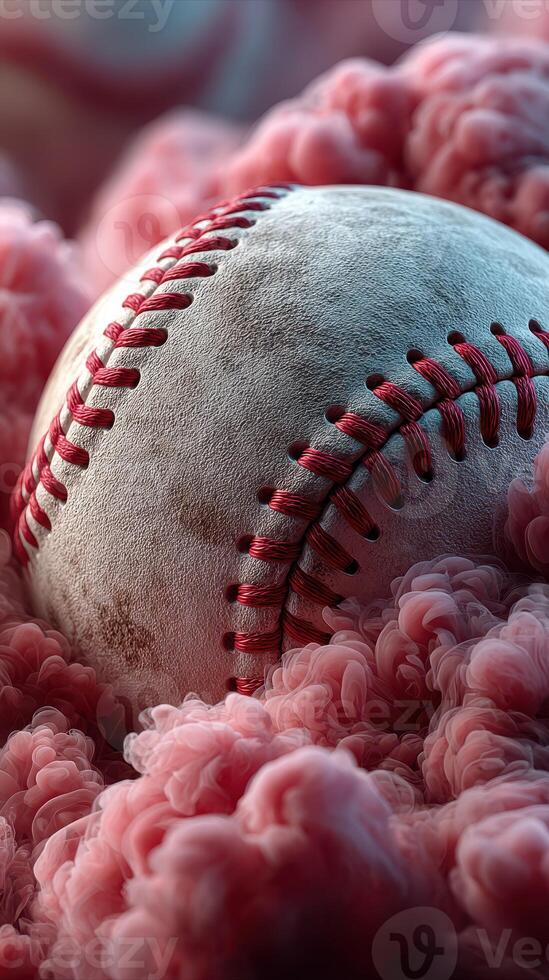 Baseball resting on pink cotton candy during a playful summer carnival at the local fairground photo