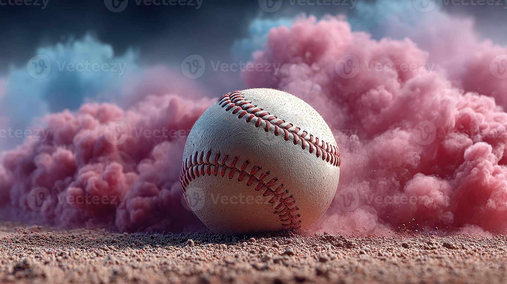 Baseball resting on ground with colorful smoke clouds creating an engaging backdrop during a sunny day photo