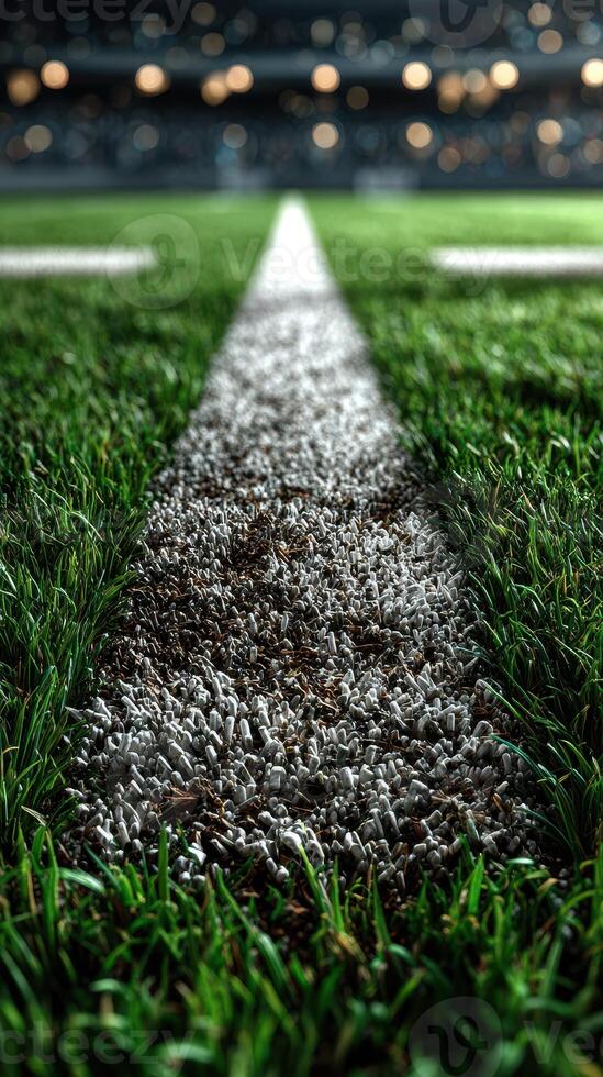 Grass field with yard markers ready for a night football game under stadium lights photo