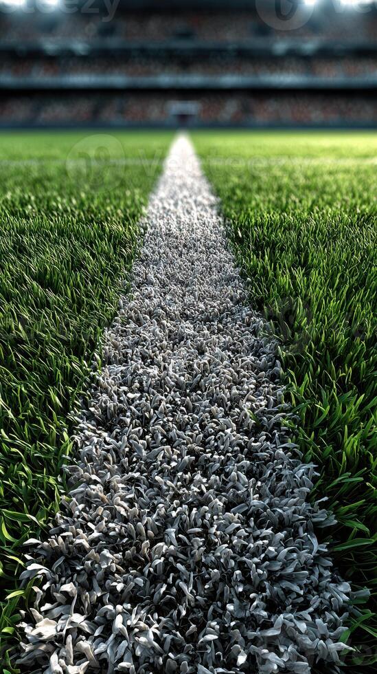 Green grass field with white line leading to stadium seating during a sports event at dusk photo
