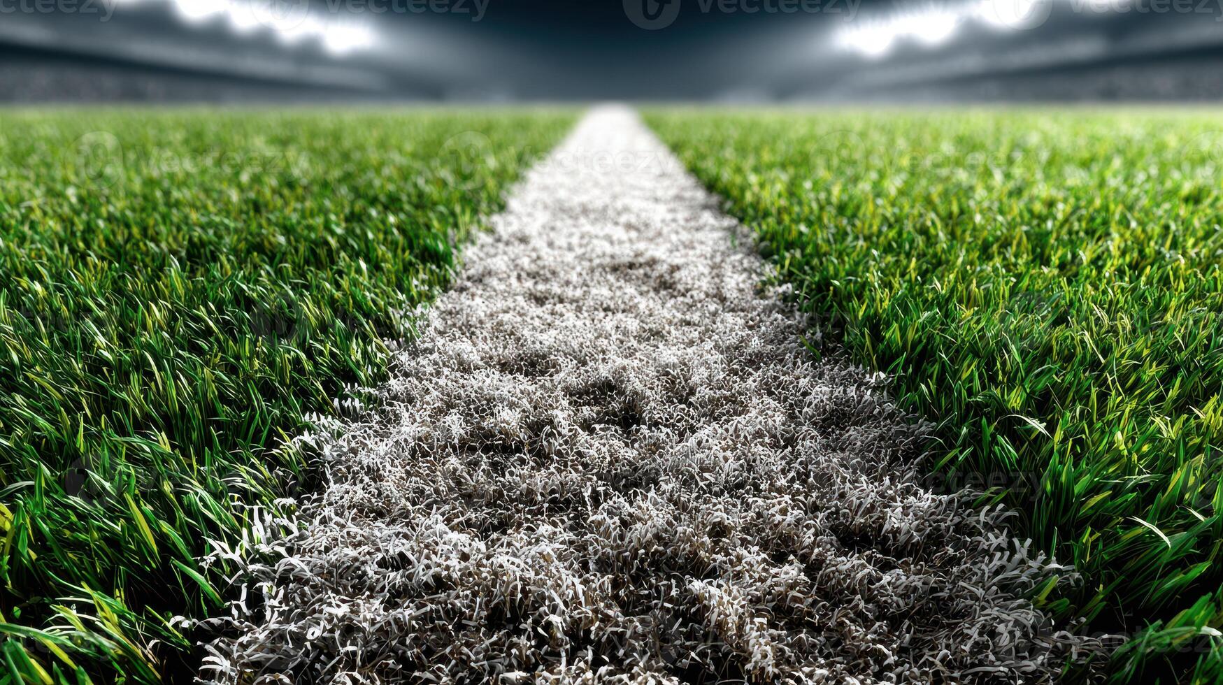 Green football field with vibrant grass and a white marking for the upcoming match in an illuminated stadium photo