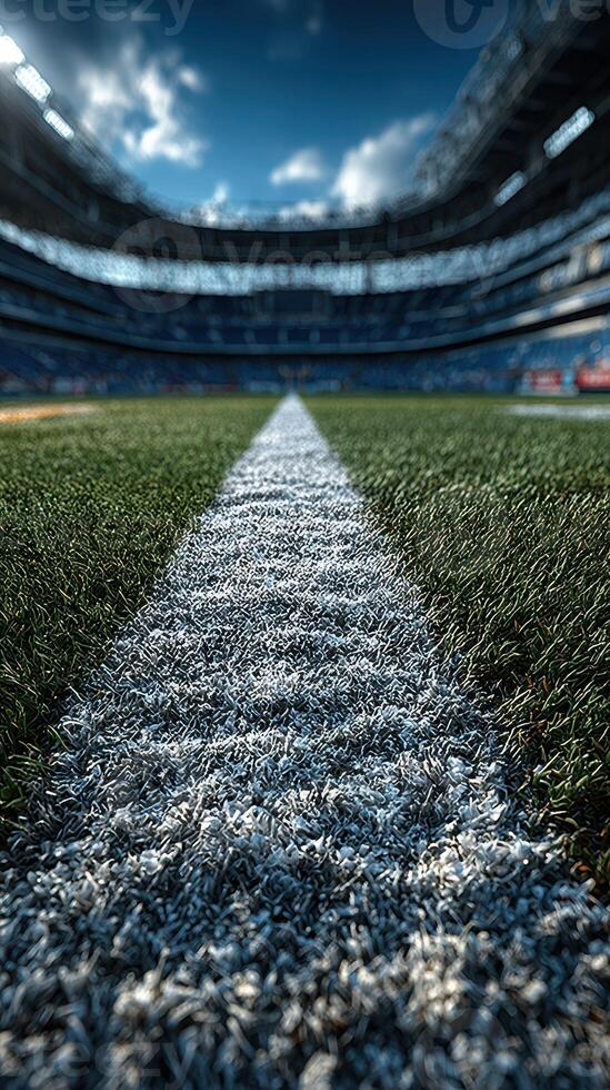 Soccer field perspective showcasing fresh turf and markings in a modern stadium before a big match photo