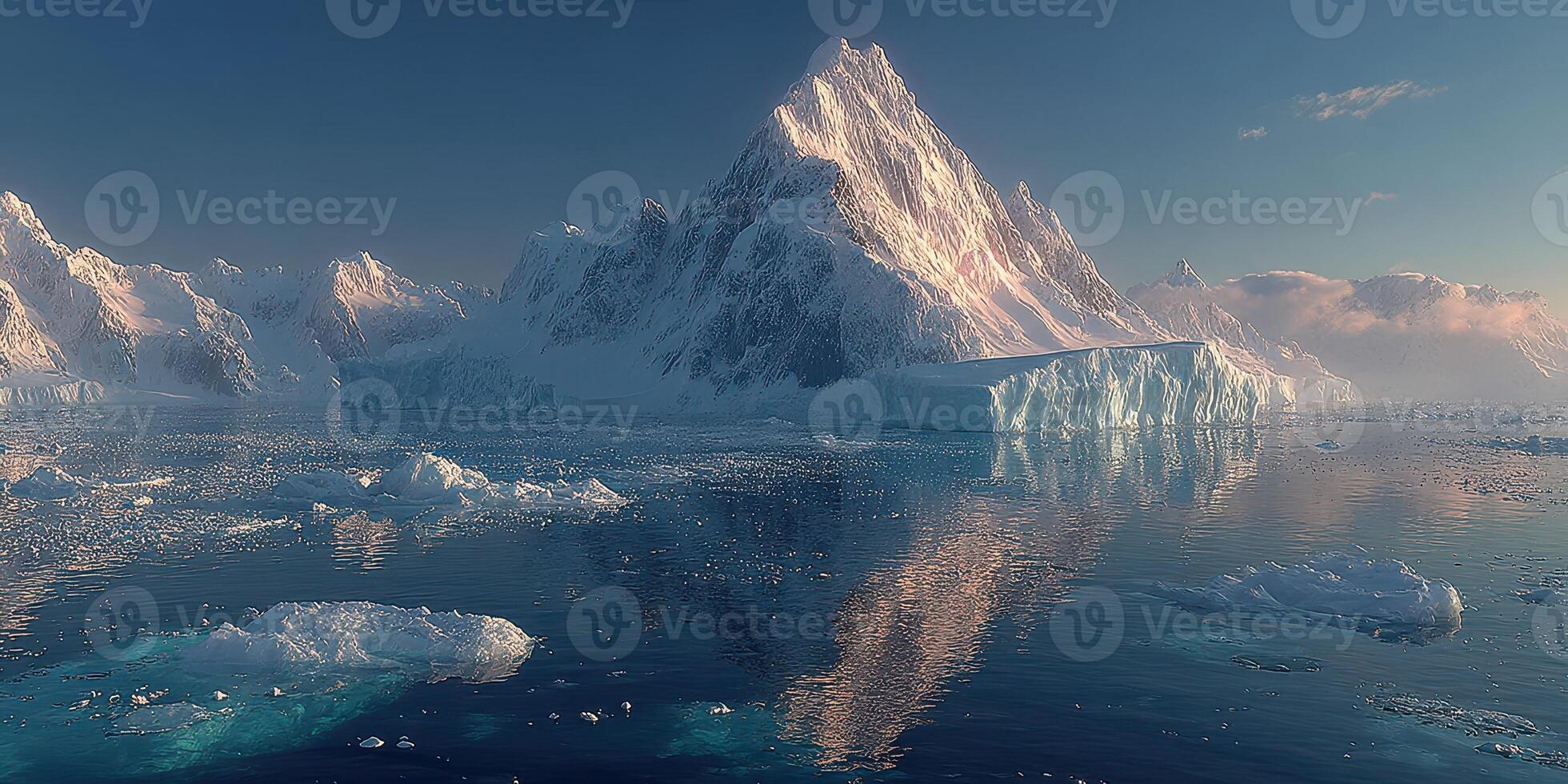 Majestic ice-covered mountain reflecting in tranquil Arctic waters during early morning light photo