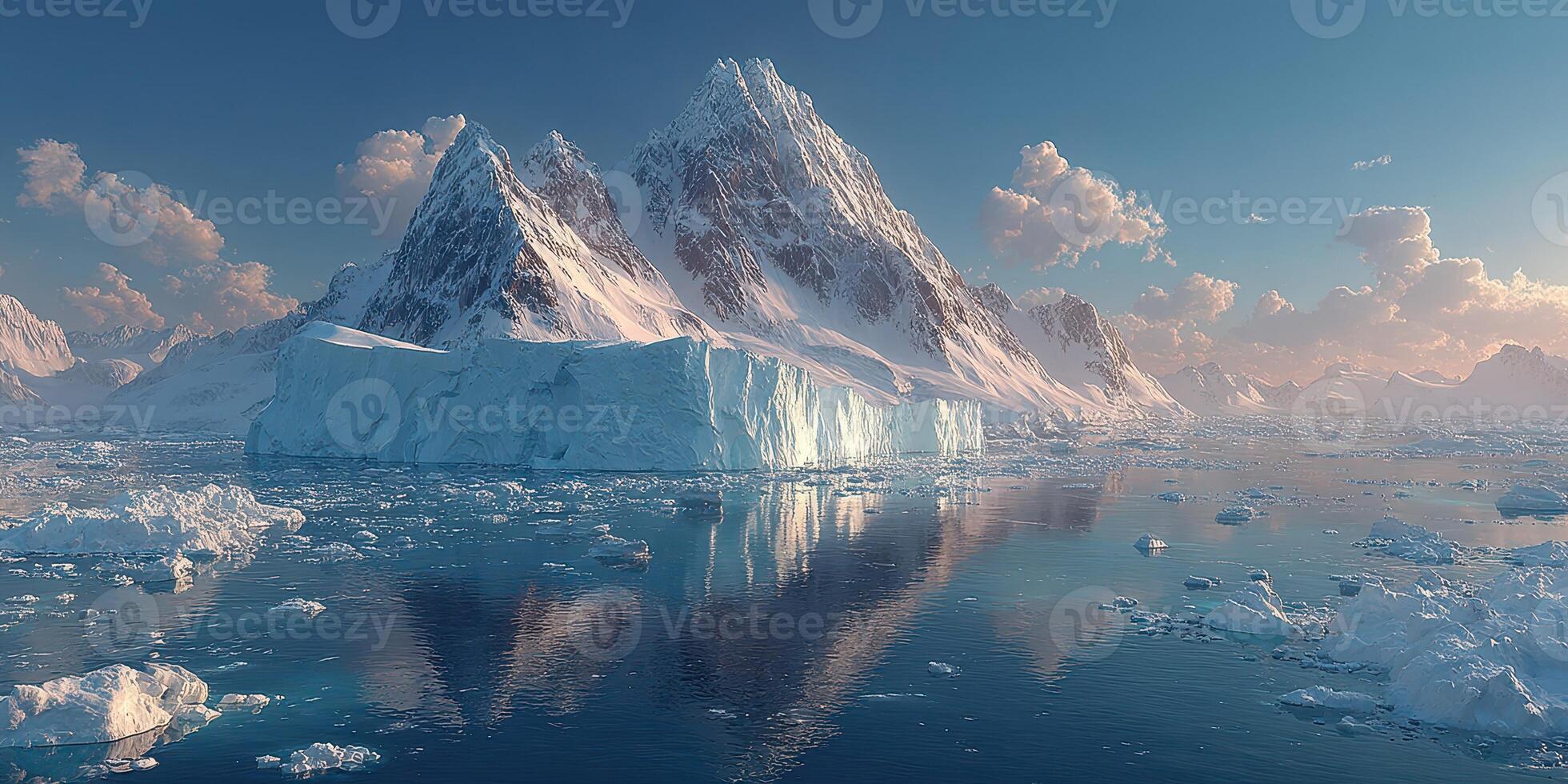 Stunning icebergs reflect on calm waters near majestic mountains during sunset in a remote polar region photo