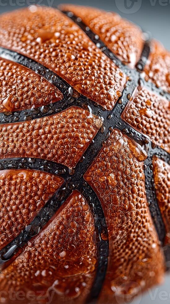 Close-up of a wet basketball highlighting texture and detail during a game on a rainy day photo
