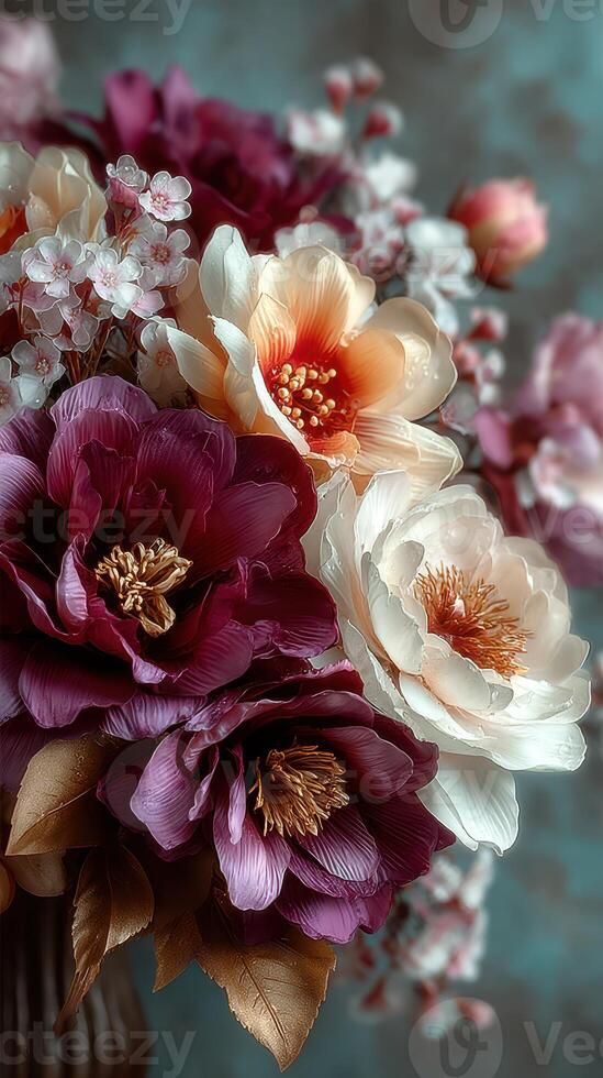 Beautiful arrangement of colorful flowers in a decorative vase against a blurred background indoors photo