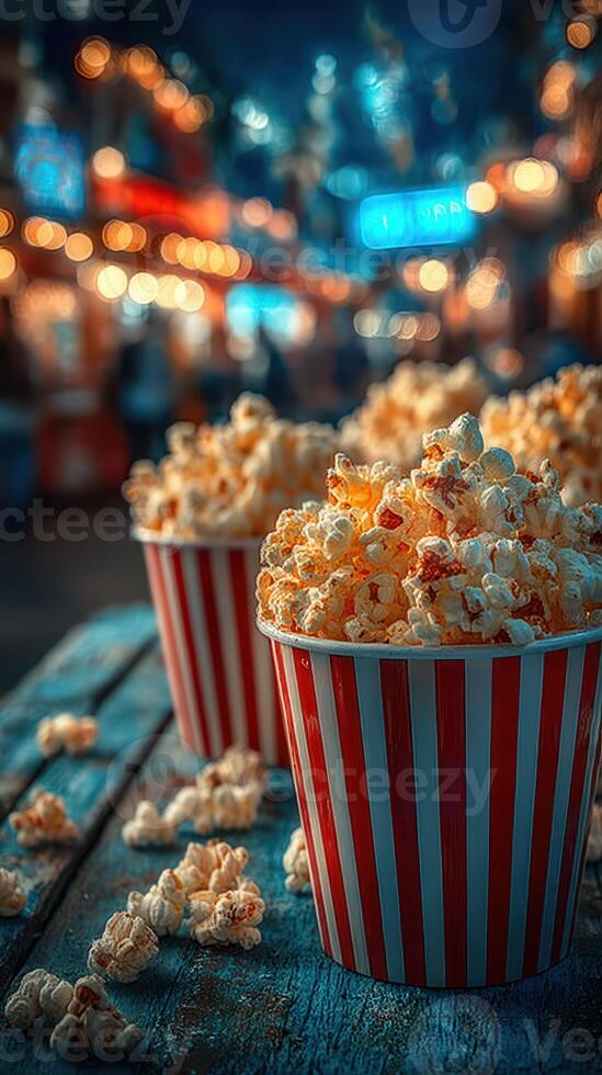 Enjoying fresh popcorn at a lively outdoor fair in the evening lights photo