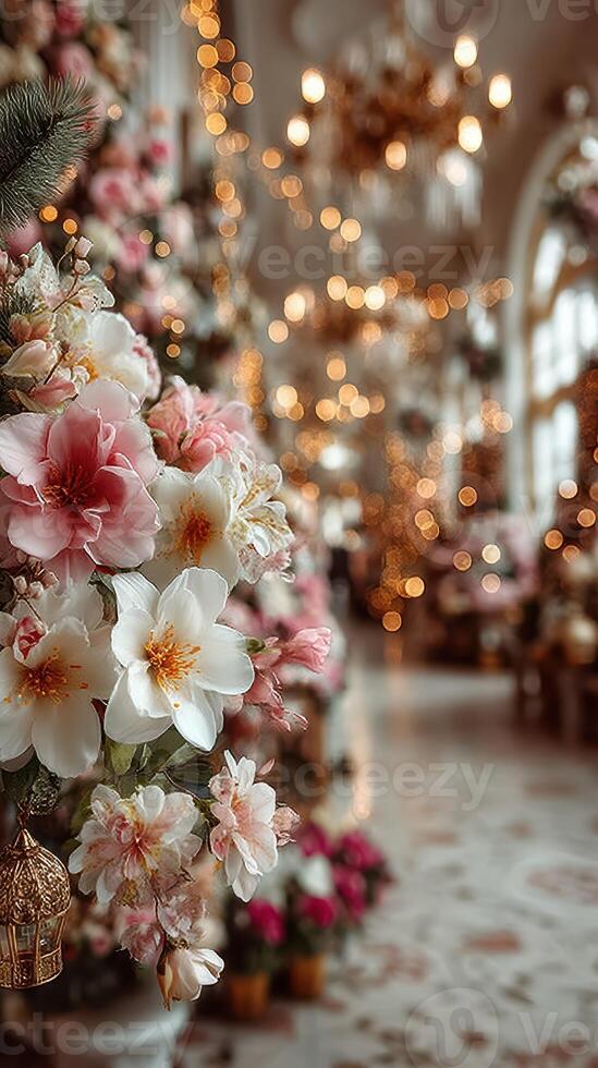 Bright floral decorations create a warm atmosphere in a cozy venue during a festive event in the evening photo