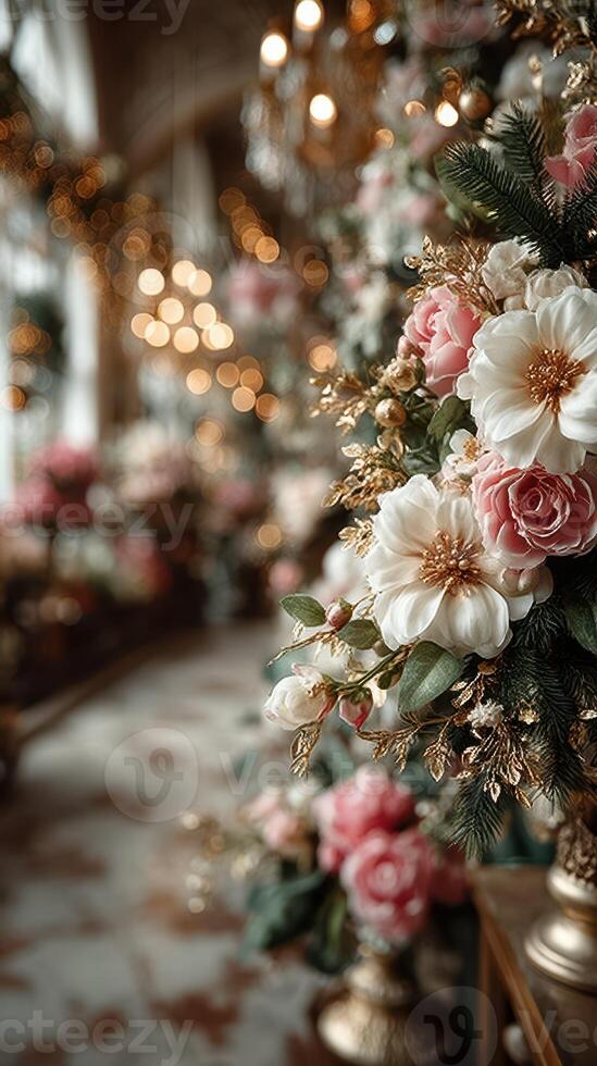 Beautiful floral arrangement in a lavish setting with warm lights and elegant decor during a celebratory event photo