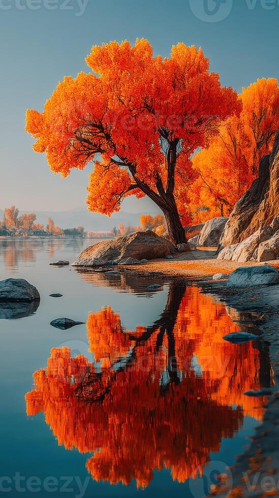 Vibrant autumn foliage reflects on calm water under a clear sky at a serene lakeside location photo