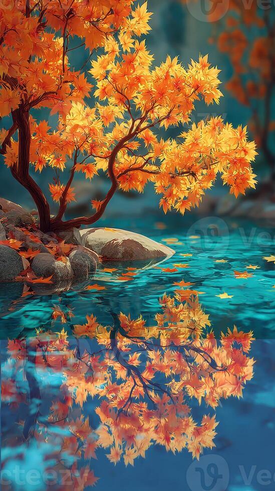 Vibrant autumn foliage reflects in tranquil water creating a serene landscape at a picturesque lake photo