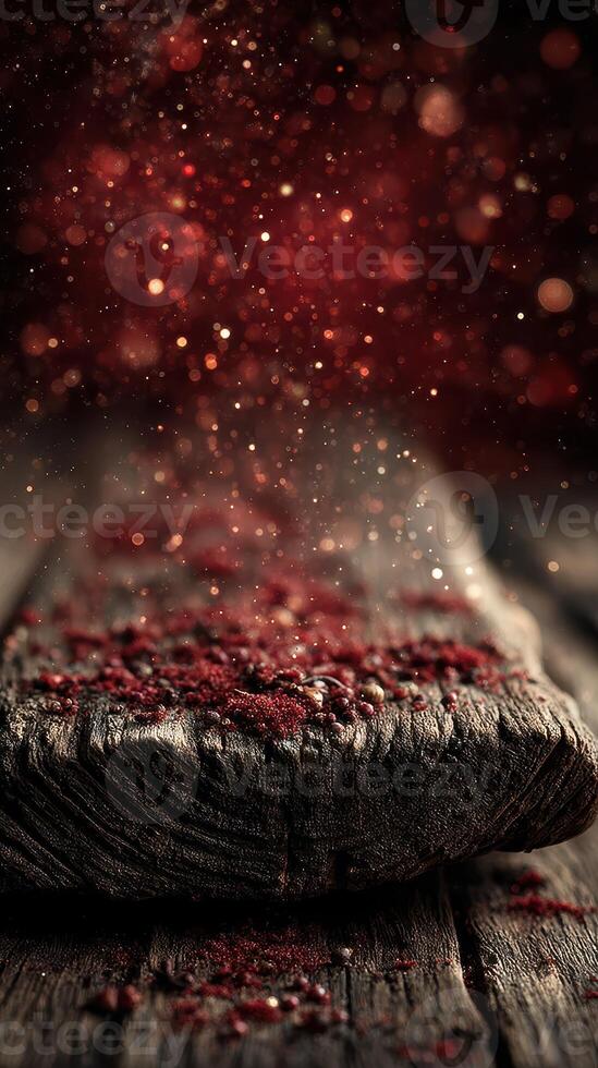 Dust and spice dance above a rustic wooden surface under soft, warm light in a cozy setting photo