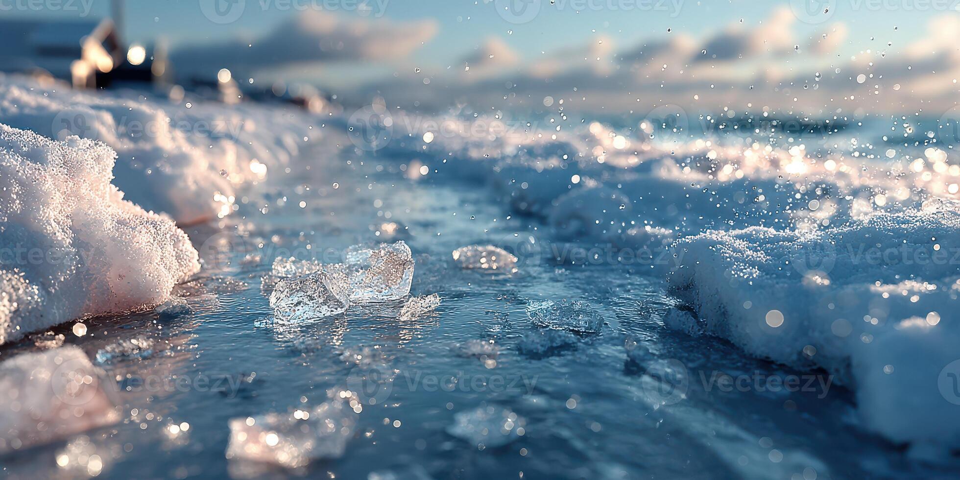 Winter landscape with melting ice and snow near a serene body of water on a clear daytime photo