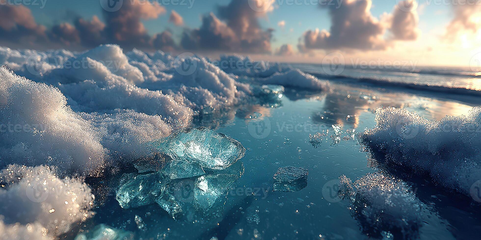 Waves gently lap against icy shore at sunset with clouds reflecting warm colors on frozen landscape photo
