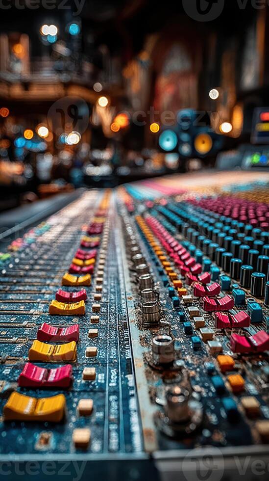 Mixing console at sunset during a music production session in a recording studio photo