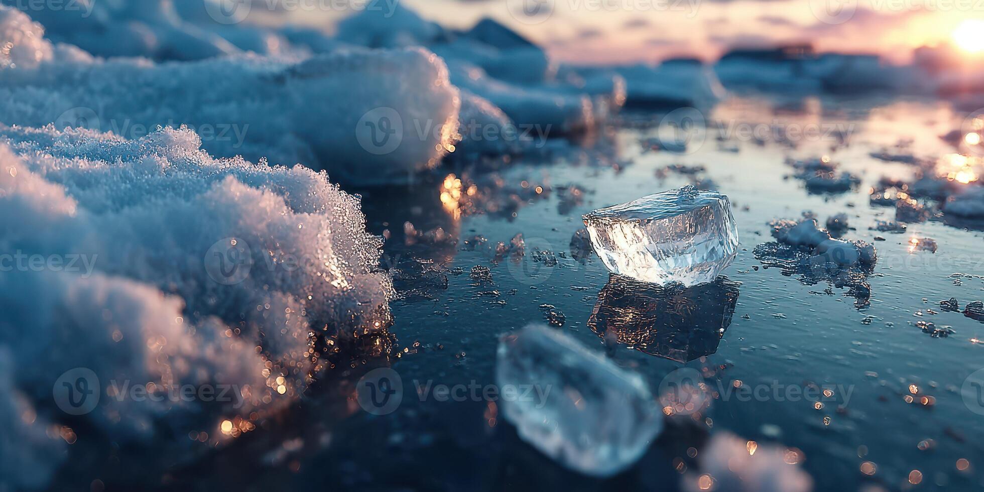Melting ice with reflections at sunset near a tranquil lake in a cold season landscape photo