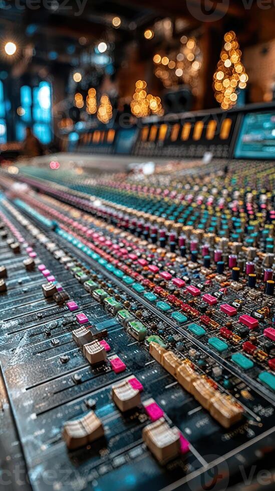 Vibrant sound mixing console during a recording session in a modern studio with warm lighting photo