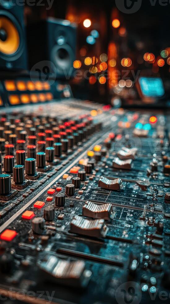 Details of a music mixing console featuring illuminated buttons and knobs in a vibrant studio environment during nighttime photo