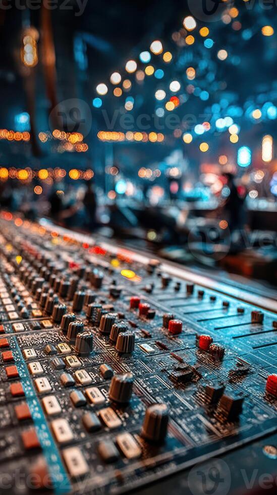 Sound mixer on stage during a vibrant music event showcasing lights and musicians in action photo