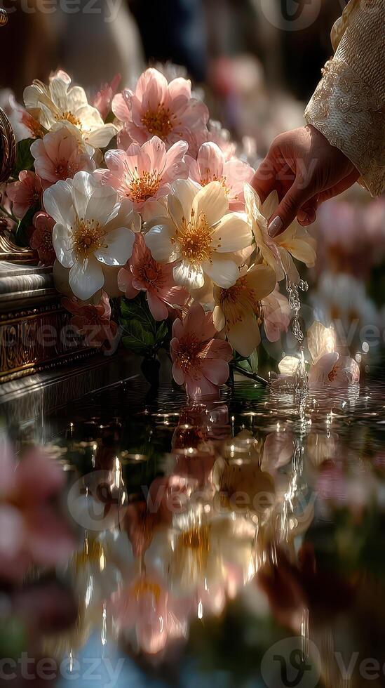 Delicate hands gently pouring water over pink and white blossoms reflected in serene water during a tranquil celebration photo
